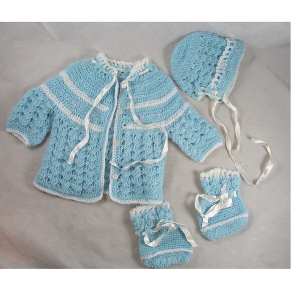 Infant Blue Knit Sweater 4pc Set Hat Booties Handmade Size 3-6 Mos Baby Boy VTG - Picture 1 of 9